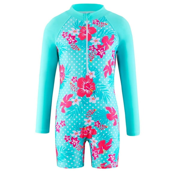 Xfvqtps Child Girls Rash Guard One Piece Swimsuit Front Zipper Long Sleeve Sun Protection Flower Print Colorful Stretchy Beach Summer Bathing Suits Swimwear for 4-11 Years Blue-03
