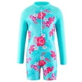 thumbnail image 1 of Xfvqtps Child Girls Rash Guard One Piece Swimsuit Front Zipper Long Sleeve Sun Protection Flower Print Colorful Stretchy Beach Summer Bathing Suits Swimwear for 4-11 Years Blue-03, 1 of 10