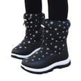thumbnail image 1 of Xfvqtps Child Girls Snow Boots Mid Calf Side Zipper Waterproof Upper Adjustable Drawstring Snowflake Print Plush Lining Thickened Warm Winter Thick Bottom Soft Non Slip Comfortable Shoes Black, 1 of 7