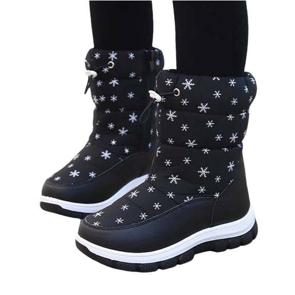 Xfvqtps Child Girls Snow Boots Mid Calf Side Zipper Waterproof Upper Adjustable Drawstring Snowflake Print Plush Lining Thickened Warm Winter Thick Bottom Soft Non Slip Comfortable Shoes Black