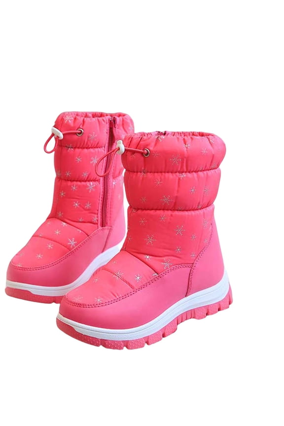 Child Girls Snow Boots Mid Calf Side Zipper Waterproof Upper Adjustable Drawstring Snowflake Print Plush Lining Thickened Warm Winter Thick Bottom Soft Non Slip Comfortable Shoes Red