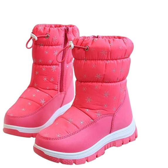 Xfvqtps Child Girls Snow Boots Mid Calf Side Zipper Waterproof Upper Adjustable Drawstring Snowflake Print Plush Lining Thickened Warm Winter Thick Bottom Soft Non Slip Comfortable Shoes Red