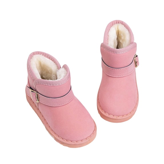 Xfvqtps Child Girls Snow Boots Suede Upper Furry Plush Lining Thickened Round Toe Solid Color Decorative Buckle Non Slip Thick Bottom Warm Winter Ankle Boots Pink