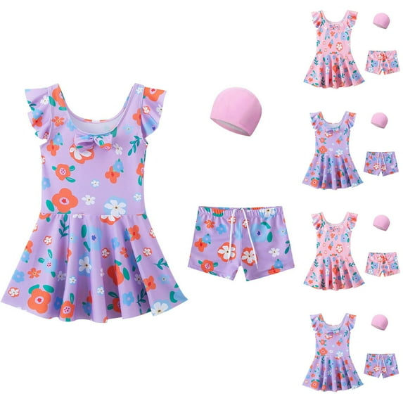 Xfvqtps Child Girls Swimsuit with Shorts and Cap Skirt Hemt Ruffle Sleeve Bowknot Flower Print Cute Sweet Beach Summer Bathing Suits Swimwear for 4-13 Years Purple