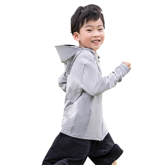 Xfvqtps Child Ice Silk Jacket Cooling Sun Protection Hoodie Wide Brim Thumb Hole Zipper Solid Color Breathable Sunscreen Clothing for Outdoor Gray