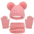 thumbnail image 1 of Xfvqtps Children 3 Piece Sets Hat Scarf and Gloves Knitted Fleece Lining Solid Color Two Plush Pompom Thickened Windproof Coldproof Warm Winter Beanie Scarf and Glove 3PCS Outfits Set Watermelon Red, 1 of 5