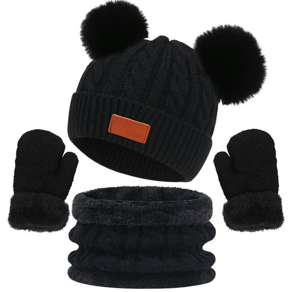 Xfvqtps Children 3 Piece Sets Hat Scarf and Mittens Knitted Solid Color Fleece Lining Two Plush Pompom Windproof Coldproof Warm Winter Beanie Scarf and Glove 3PCS Outfits Set Black