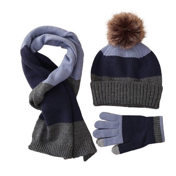 Xfvqtps Children 3PCS Beanie Scarf and Gloves Knitting Color Blocking Splicing Together Plush Pompom Windproof Coldproof Warm Winter Hat Scarf Gloves Set Gray