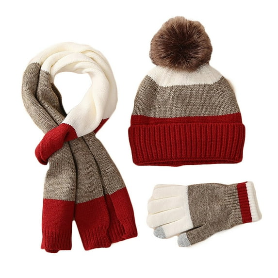 Xfvqtps Children 3PCS Beanie Scarf and Gloves Knitting Color Blocking Splicing Together Plush Pompom Windproof Coldproof Warm Winter Hat Scarf Gloves Set Red