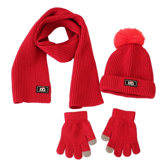 Xfvqtps Children 3PCS Beanie Scarf and Gloves Knitting Cuffed Solid Color Simplicity Soft Comfortable Warm Winter Hat Scarf and Mittens Set Red