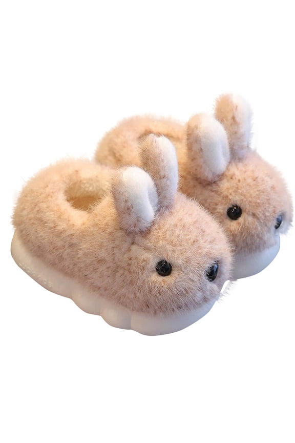 Children Fuzzy Slippers Cute Rabbit Fluffy Cover Heel Memory Foam Soft Sole Non Slip Thickened Comfortable Indoor Warm Winter House Slippers Khaki