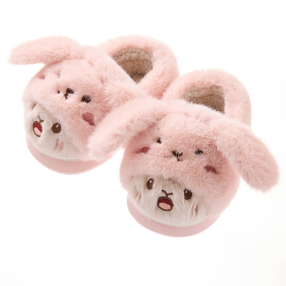 Xfvqtps Children Fuzzy Slippers Fluffy Cover Heel Cute Cartoon Animals Rabbit Print Thickened Warm Winter Soft Sole Memory Foam Non Slip Indoor House Slippers Pink