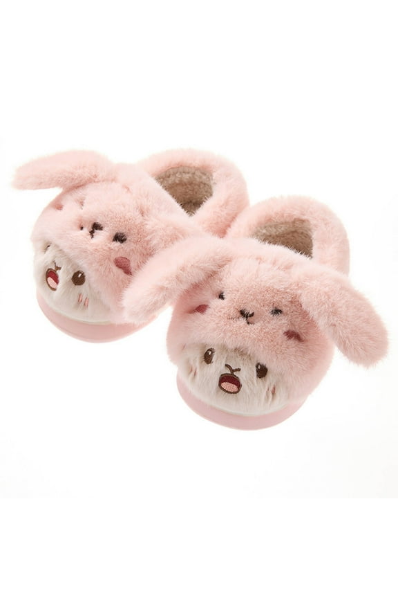 Children Fuzzy Slippers Fluffy Cover Heel Cute Cartoon Animals Rabbit Print Thickened Warm Winter Soft Sole Memory Foam Non Slip Indoor House Slippers Pink