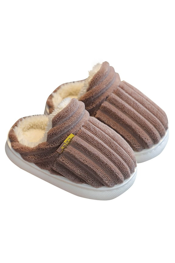 Children Fuzzy Slippers Fluffy Slip on Shearling Fleece Solid Color Memory Foam Soft Sole Non Slip Thickened Comfortable Indoor Warm Winter House Slippers Coffee