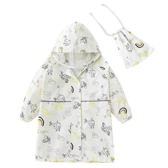 Xfvqtps Children Kids Baby Girls Raincoat with Hooded and Brim Long Cartoon Aircraft Cloud Print Cute Button Waterproof Outdoor Activities Rain Jackets PVC Rain Poncho with Storage Bag White-01