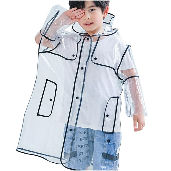 Xfvqtps Children Raincoat with Hooded and Brim Colorful Edge Reusable Transparent Button Knee Length Waterproof Cycling Hiking Rain Jackets EVA Rain Poncho Black