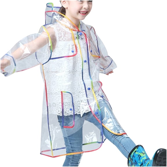 Xfvqtps Children Raincoat with Hooded and Brim Colorful Edge Reusable Transparent Button Knee Length Waterproof Cycling Hiking Rain Jackets EVA Rain Poncho Multicolor