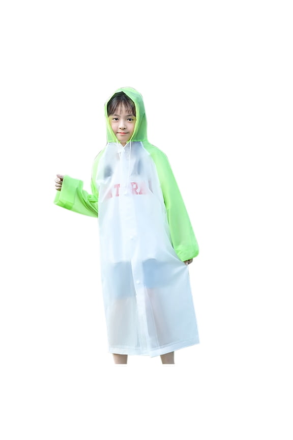 Children Raincoat with Hooded Long Adjustable Drawstring Color Blocking Reusable Transparent Button Waterproof Cycling Hiking Rain Jackets Rain Poncho Green