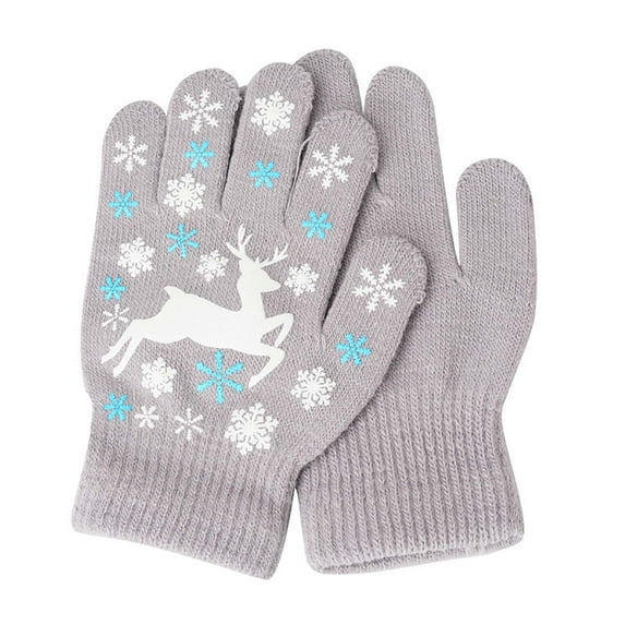 Xfvqtps Childrens Kids Boys Girls Gloves Christmas Cute Elk Deer Snowflake Printing Knitting Windproof Warm Winter Mittens Gray