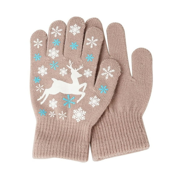 Xfvqtps Childrens Kids Boys Girls Gloves Christmas Cute Elk Deer Snowflake Printing Knitting Windproof Warm Winter Mittens Khaki