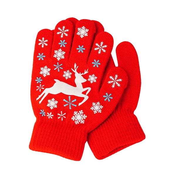 Xfvqtps Childrens Kids Boys Girls Gloves Christmas Cute Elk Deer Snowflake Printing Knitting Windproof Warm Winter Mittens Red