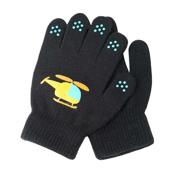 Xfvqtps Childrens Kids Boys Girls Gloves Cute Cartoon Helicopter Printing Knitting Windproof Warm Winter Mittens Black