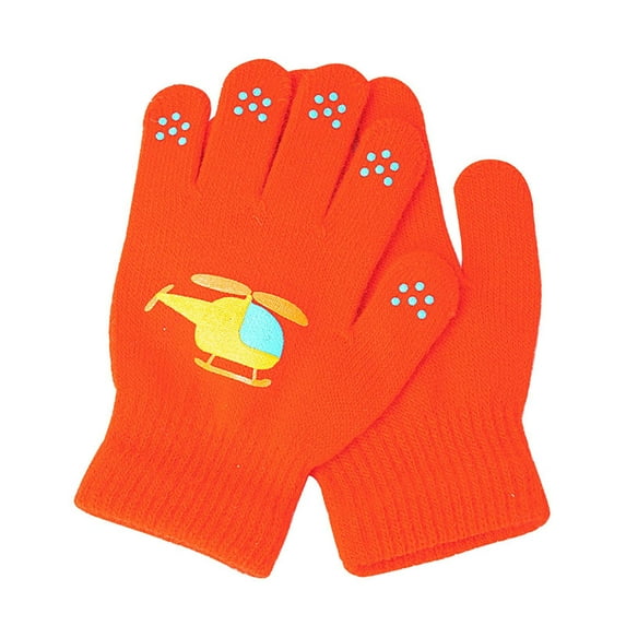 Xfvqtps Childrens Kids Boys Girls Gloves Cute Cartoon Helicopter Printing Knitting Windproof Warm Winter Mittens Orange