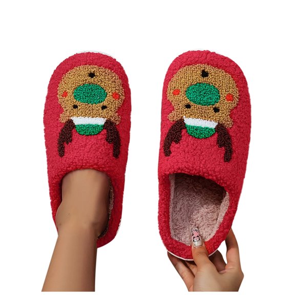 Xfvqtps Christmas Fuzzy Slippers for Womens Large Size Cute Elk Deer Print Memory Foam Thick Bottom Non Slip Indoor Outdoor Cozy House Warm Winter Fluffy Slippers Red