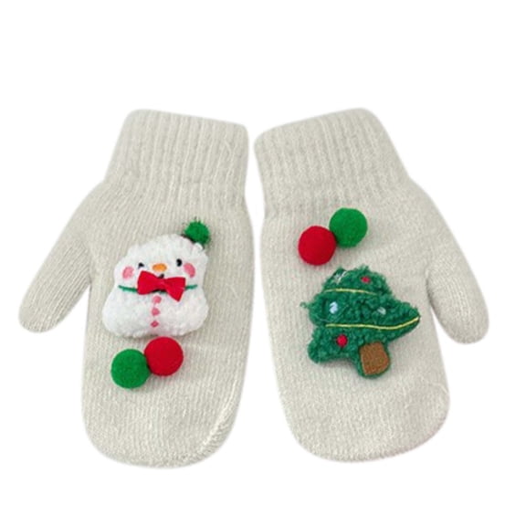 Xfvqtps Christmas Mittens for Women Knit Pompom Bow Snowman Christmas Tree Decoration Thermal Warm Outdoor Winter Gloves White