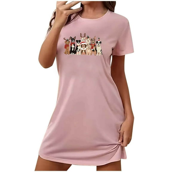 Xfvqtps Christmas Nightgown For Women Large Size Cute Christmas Puppy Chest Print Short Sleeve Crewneck Solid Color Fashion Comfortable Soft Sleepshirts Pink