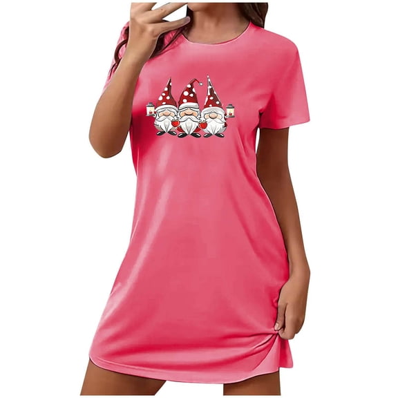Xfvqtps Christmas Nightgown For Women Large Size Cute Santa Claus Chest Print Short Sleeve Crewneck Solid Color Fashion Comfortable Soft Sleepshirts Hot Pink
