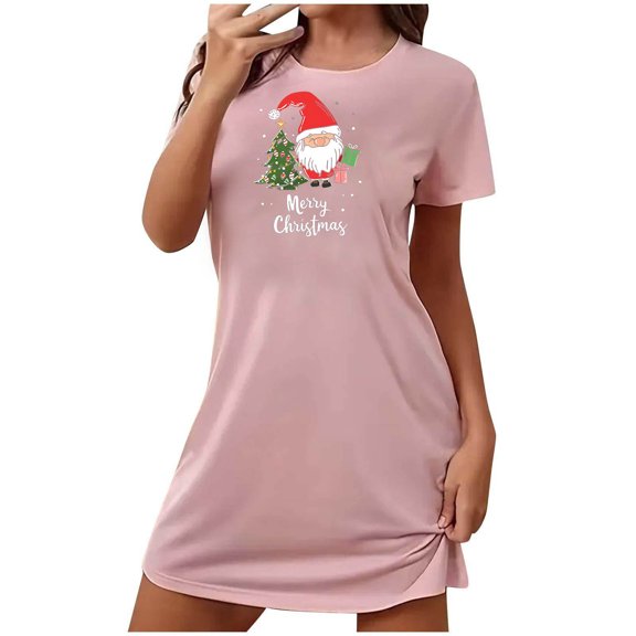 Xfvqtps Christmas Nightgown For Women Large Size Santa Claus And Christmas Tree Chest Print Short Sleeve Crewneck Solid Color Fashion Comfortable Soft Sleepshirts Pink