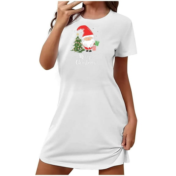 Xfvqtps Christmas Nightgown For Women Large Size Santa Claus And Christmas Tree Chest Print Short Sleeve Crewneck Solid Color Fashion Comfortable Soft Sleepshirts White