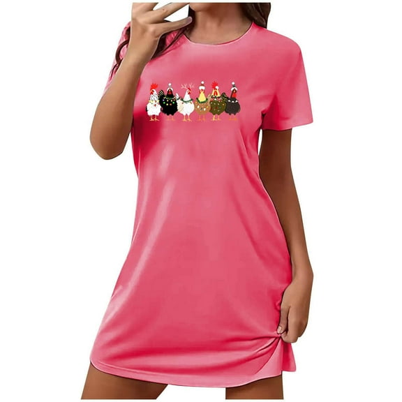 Xfvqtps Christmas Nightgown For Women Large Size Cute Chicken Chest Print Short Sleeve Crewneck Solid Color Fashion Comfortable Soft Sleepshirts Hot Pink