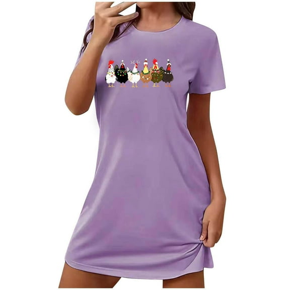 Xfvqtps Christmas Nightgown For Women Large Size Cute Chicken Chest Print Short Sleeve Crewneck Solid Color Fashion Comfortable Soft Sleepshirts Purple