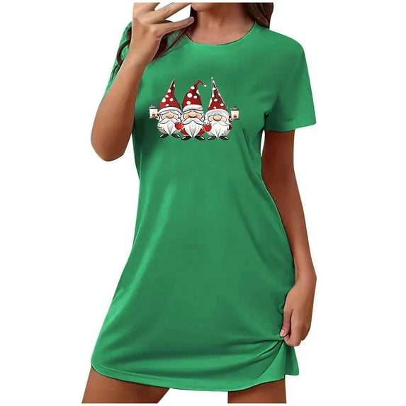 Xfvqtps Christmas Nightgown For Women Large Size Cute Santa Claus Chest Print Short Sleeve Crewneck Solid Color Fashion Comfortable Soft Sleepshirts Green