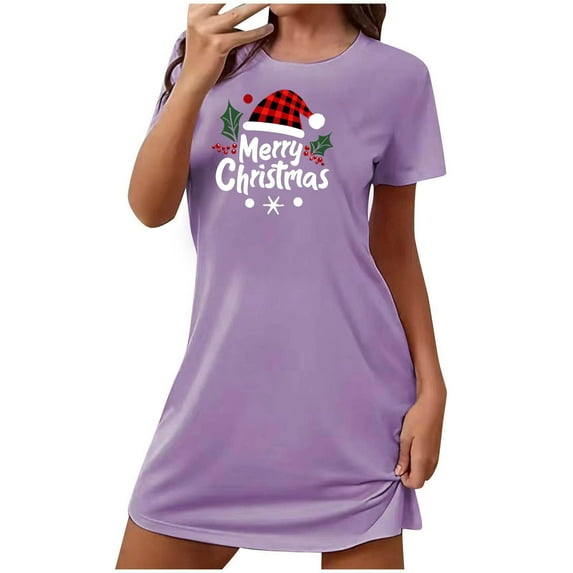 Xfvqtps Christmas Nightgown For Women Large Size Merry Christmas And Christmas Hat Chest Print Short Sleeve Crewneck Solid Color Fashion Comfortable Soft Sleepshirts Purple