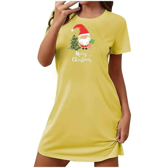 Xfvqtps Christmas Nightgown For Women Large Size Santa Claus And Christmas Tree Chest Print Short Sleeve Crewneck Solid Color Fashion Comfortable Soft Sleepshirts Yellow