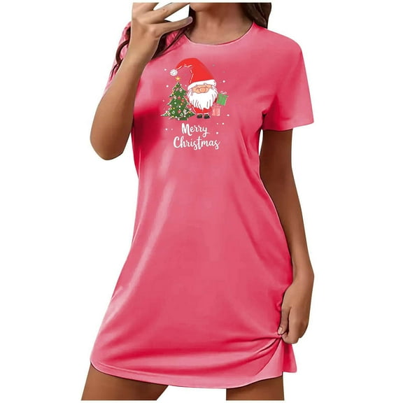 Xfvqtps Christmas Nightgown For Women Large Size Santa Claus And Christmas Tree Chest Print Short Sleeve Crewneck Solid Color Fashion Comfortable Soft Sleepshirts Hot Pink