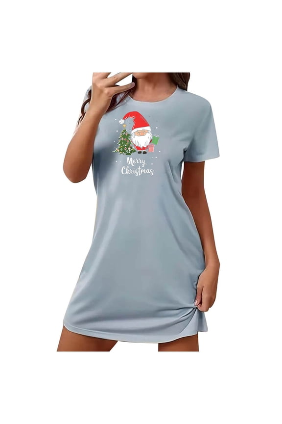 Christmas Nightgown For Women Large Size Santa Claus And Christmas Tree Chest Print Short Sleeve Crewneck Solid Color Fashion Comfortable Soft Sleepshirts Blue