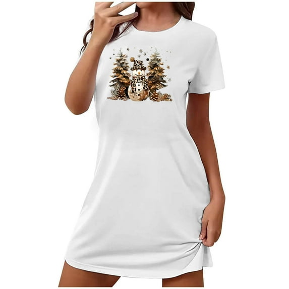 Xfvqtps Christmas Nightgown For Women Large Size Snowman And Christmas Tree Chest Print Short Sleeve Crewneck Solid Color Fashion Comfortable Soft Sleepshirts White
