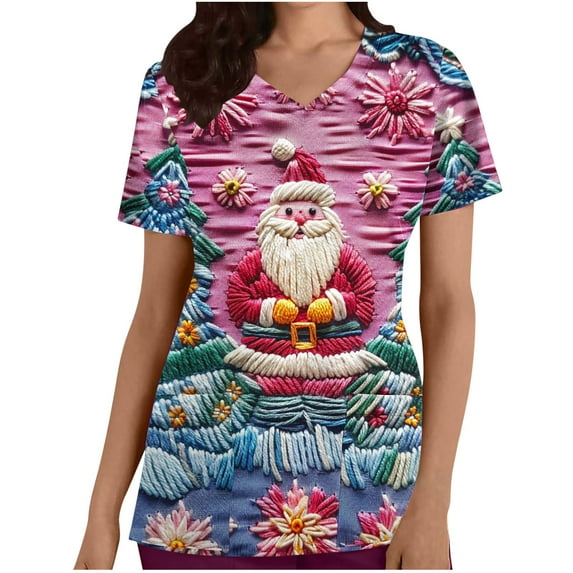 Xfvqtps Christmas Scrub Tops for Women Soft V-Neck Scrubs Comfortable Lightweight Nursing Uniforms Casual Printed Short Sleeve Nurse Top Working Uniforms with Pockets Pink