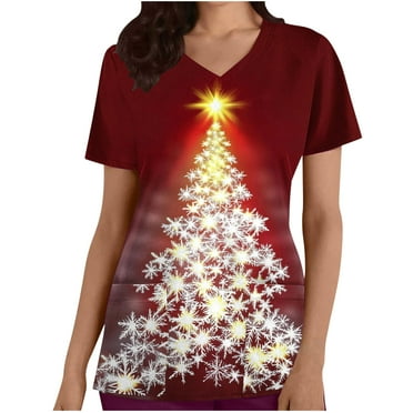 Xfvqtps Christmas Scrub Tops for Women Soft V-Neck Scrubs Comfortable Lightweight Nursing Uniforms Casual Printed Short Sleeve Nurse Top Working Uniforms with Pockets Burgundy
