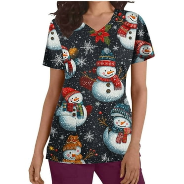 Xfvqtps Christmas Scrub Tops for Women Soft V-Neck Scrubs Comfortable Lightweight Nursing Uniforms Christmas Print Short Sleeve Nurse Top Working Uniforms with Pockets Black