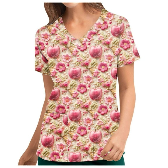Xfvqtps Christmas Scrub Tops for Women Soft V-Neck Scrubs Comfortable Lightweight Nursing Uniforms Christmas Printed Short Sleeve Protective Top Working Uniforms with Pockets Multicolor