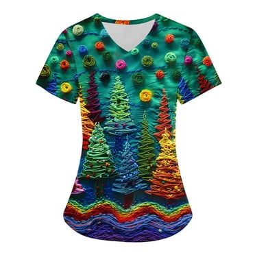 Xfvqtps Christmas Scrub Tops for Women Soft V-Neck Scrubs Comfortable Lightweight Nursing Uniforms Christmas Printed Short Sleeve Protective Top Working Uniforms with Pockets Multicolor