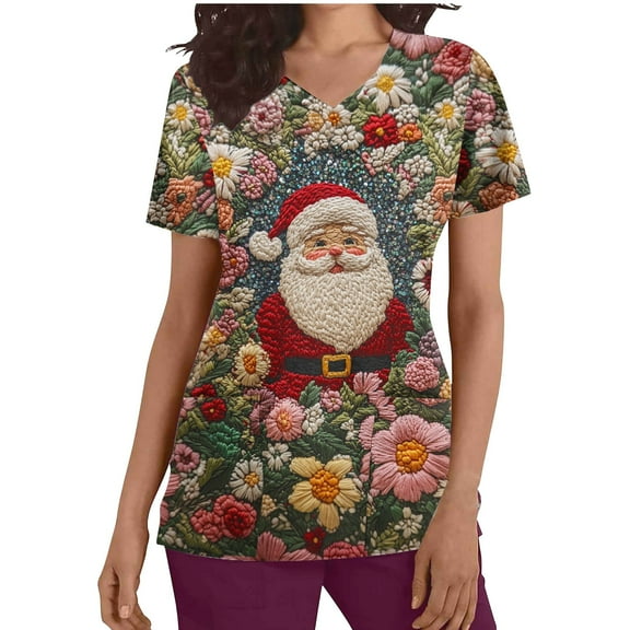 Xfvqtps Christmas Scrub Tops for Women Soft V-Neck Scrubs Comfortable Lightweight Nursing Uniforms Christmas Print Short Sleeve Nurse Top Working Uniforms with Pockets Multicolor
