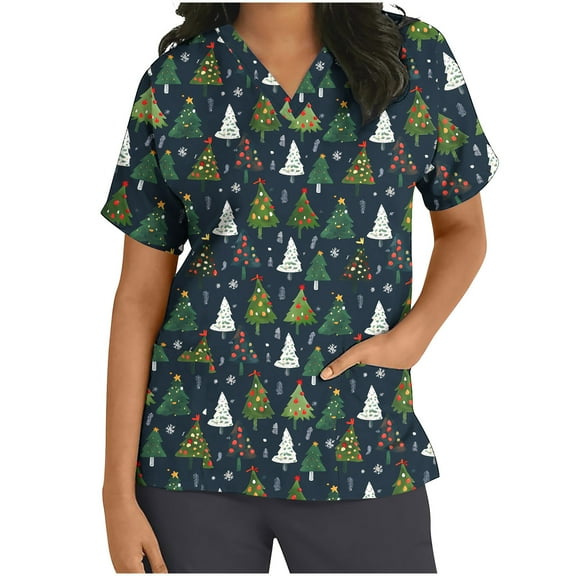 Xfvqtps Christmas Scrub Tops for Women Soft V-Neck Scrubs Comfortable Nursing Uniforms Christmas Printed Short Sleeve Top Protective Clothing Working Uniforms with Pockets Gray