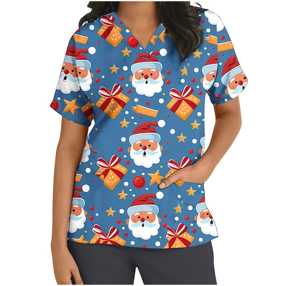 Xfvqtps Christmas Scrub Tops for Women Soft V-Neck Scrubs Comfortable Nursing Uniforms Christmas Printed Short Sleeve Top Protective Clothing Working Uniforms with Pockets Yellow