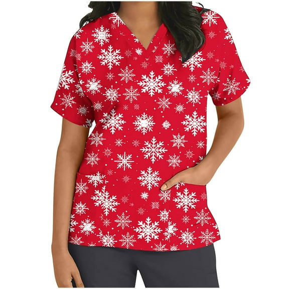 Xfvqtps Christmas Scrub Tops for Women Soft V-Neck Scrubs Comfortable Nursing Uniforms Christmas Printed Short Sleeve Top Protective Clothing Working Uniforms with Pockets Red